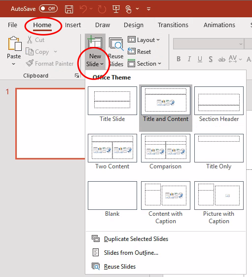 New slide button on the Windows Home ribbon with dropdown of choices.