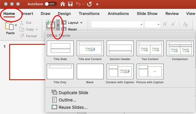 New slide button with arrow to the side on the Mac Home ribbon with dropdown of choices.