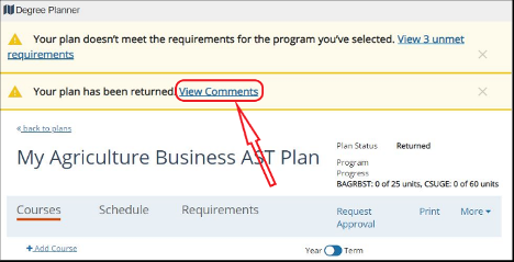 View Comments link with your plan has been returned message, screenshot.